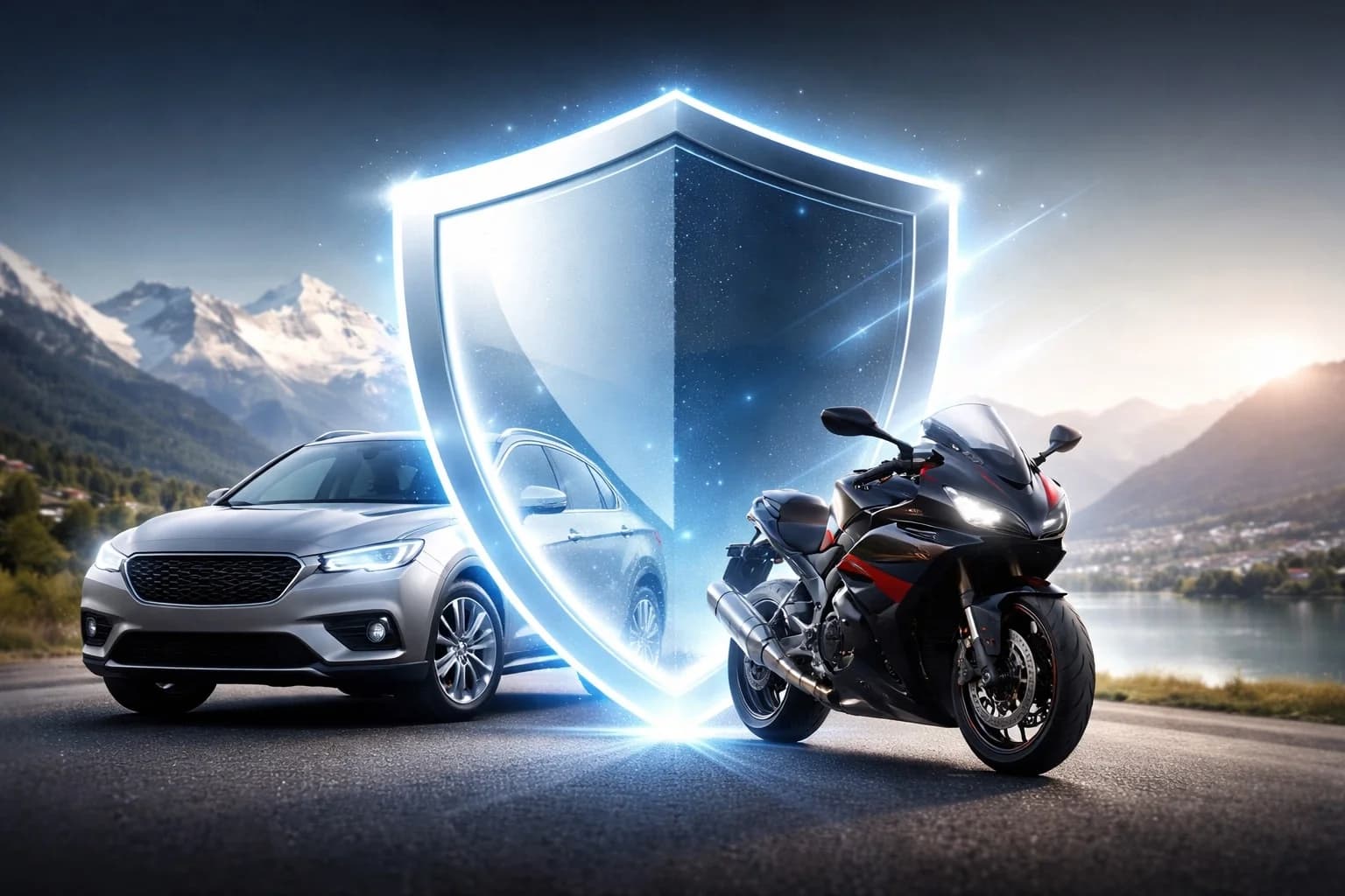 Garanzia auto e moto Svizzera – scudo protezione veicoli con panorama alpino svizzero, copertura motore elettronica trasmissione