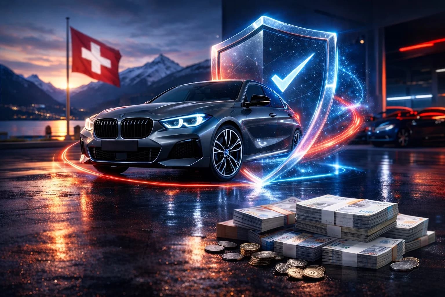 Garanzia auto Svizzera – auto protetta da scudo digitale con bandiera svizzera, Alpi e risparmio su costi di riparazione
