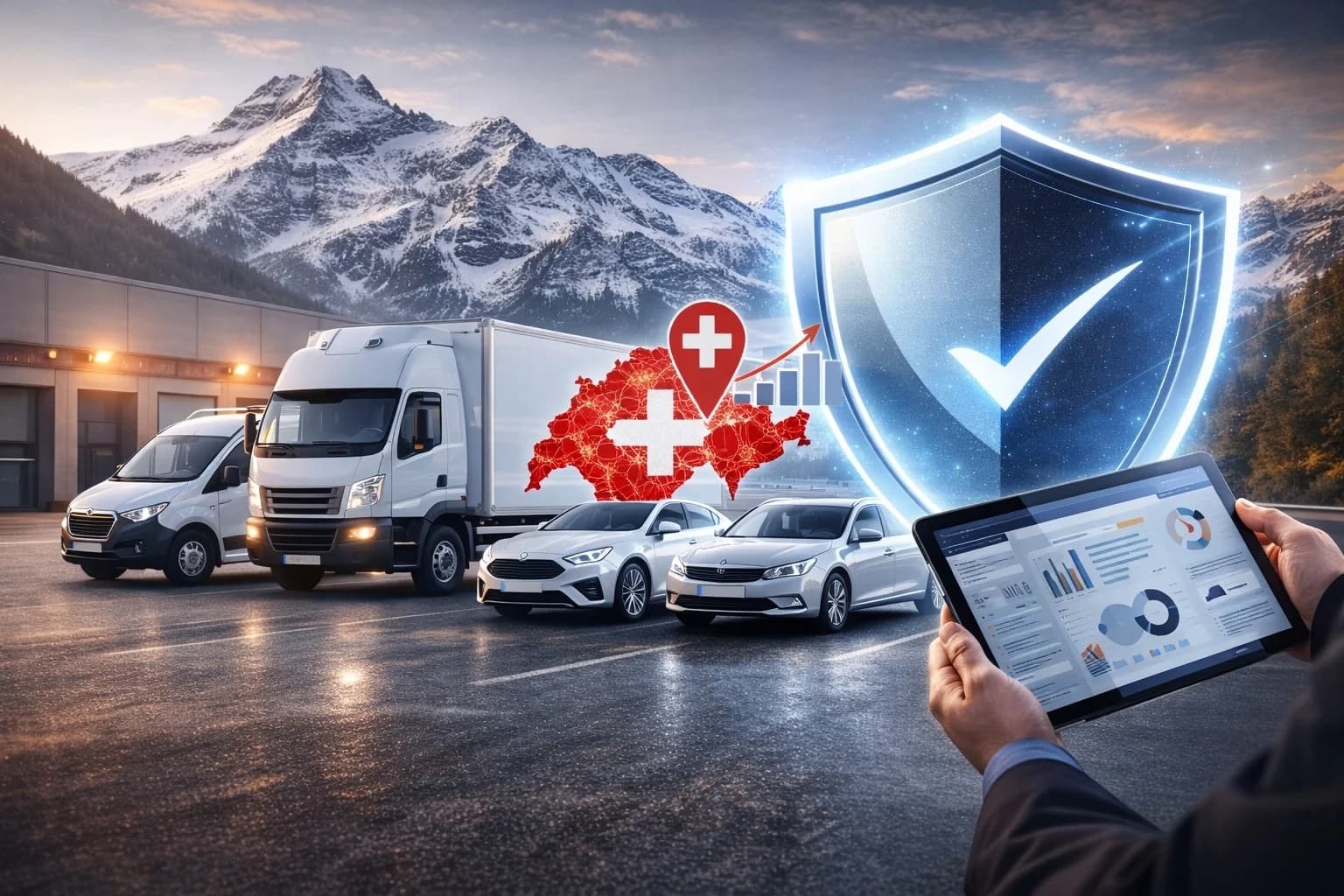 Garanzia flotte aziendali Svizzera – furgoni auto aziendali e camion protetti da scudo digitale con mappa Svizzera e gestione tablet