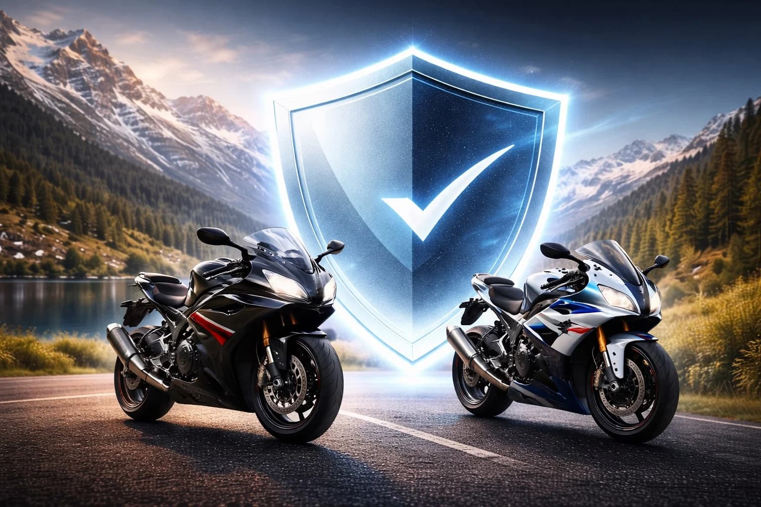 Garanzia moto Svizzera – due moto sportive protette da scudo digitale con panorama alpino svizzero, copertura motore cambio elettronica